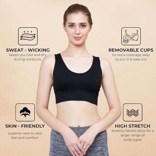 PLUMBURY Women's Padded Cross Back Medium Support Sports Bra, Size L, Black - Polyamide - Image 2