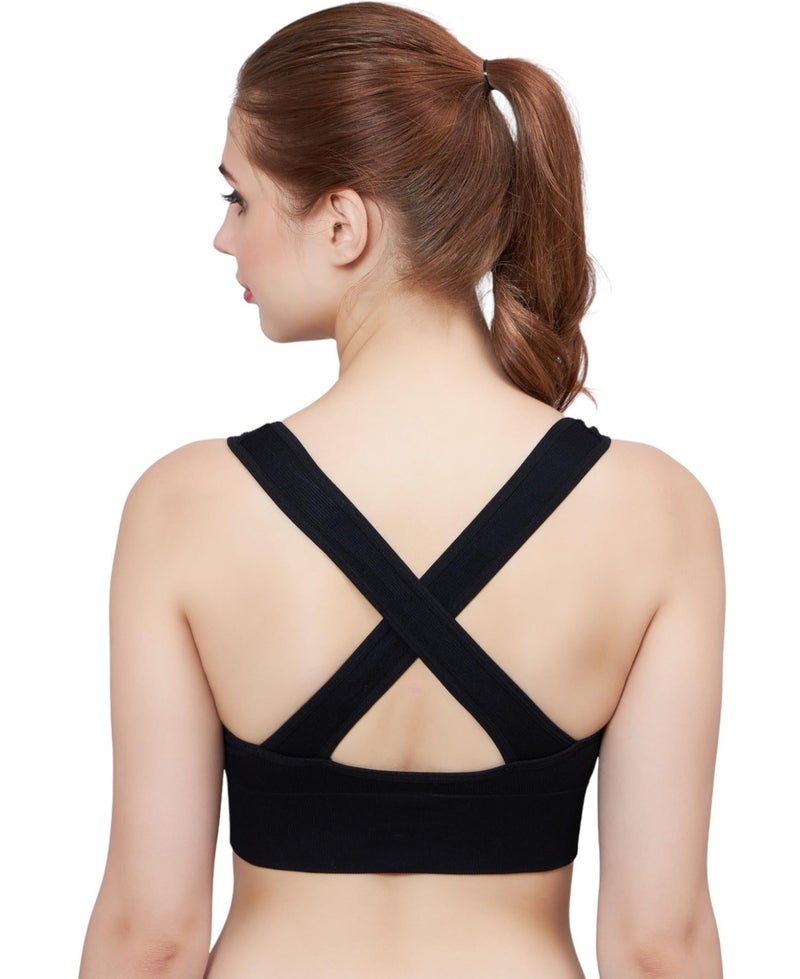 PLUMBURY Women's Padded Cross Back Medium Support Sports Bra, Size L, Black - Polyamide - Image 1