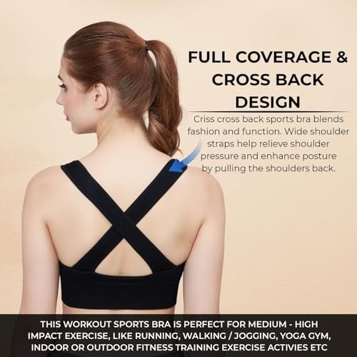 PLUMBURY Women's Padded Cross Back Medium Support Sports Bra, Size L, Black - Polyamide - Image 3