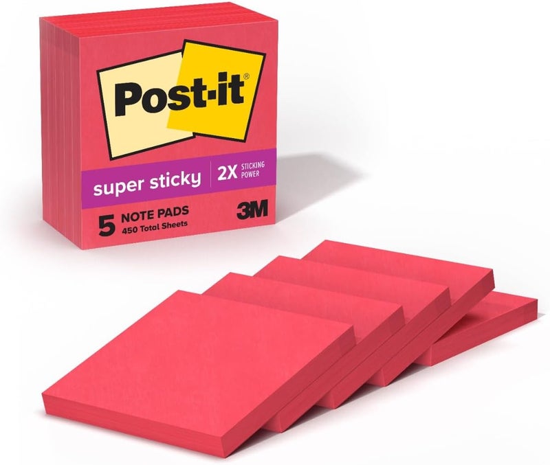Post It Super Sticky Notes, 5 Sticky Note Pads, 3 x 3 in, School Supplies, Office Products, Sticky Notes for Vertical Surfaces, Monitors, Walls and Windows, Candy Apple Red - Image 1