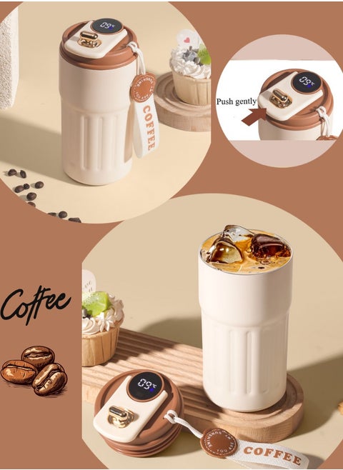 New travel carry coffee cup with temperature display, reusable hot and cold coffee cup, stainless steel vacuum insulated coffee cup, travel coffee cup with lid, splash-proof, suitable for automobile/home/outdoor/dining