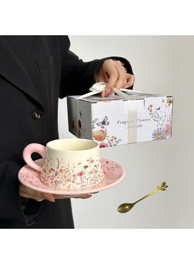 AceLuste Vintage Ceramic Coffee Cup and Saucer Gift Set, 300ml Large Capacity Coffee Cup Set with Gift Box, Saucer & Spoon, Elegant Floral Hand-Painted Design, Perfect for Coffee，Tea and Espresso Lovers, Best Gift for Family and Friends Any Occasions - Image 1