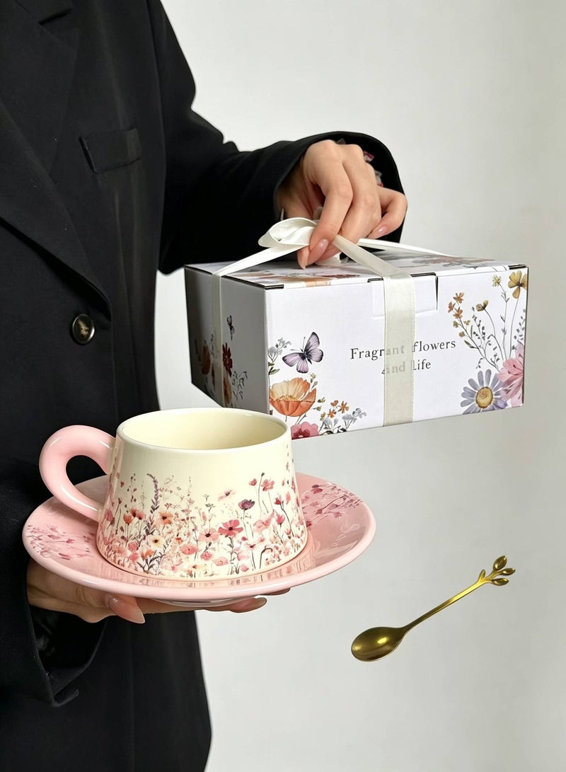 AceLuste Vintage Ceramic Coffee Cup and Saucer Gift Set, 300ml Large Capacity Coffee Cup Set with Gift Box, Saucer & Spoon, Elegant Floral Hand-Painted Design, Perfect for Coffee，Tea and Espresso Lovers, Best Gift for Family and Friends Any Occasions - Image 1