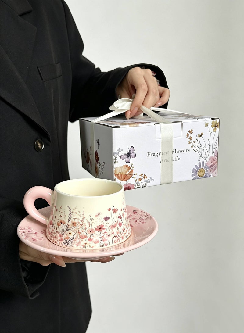AceLuste Vintage Ceramic Coffee Cup and Saucer Gift Set, 300ml Large Capacity Coffee Cup Set with Gift Box, Saucer & Spoon, Elegant Floral Hand-Painted Design, Perfect for Coffee，Tea and Espresso Lovers, Best Gift for Family and Friends Any Occasions - Image 4