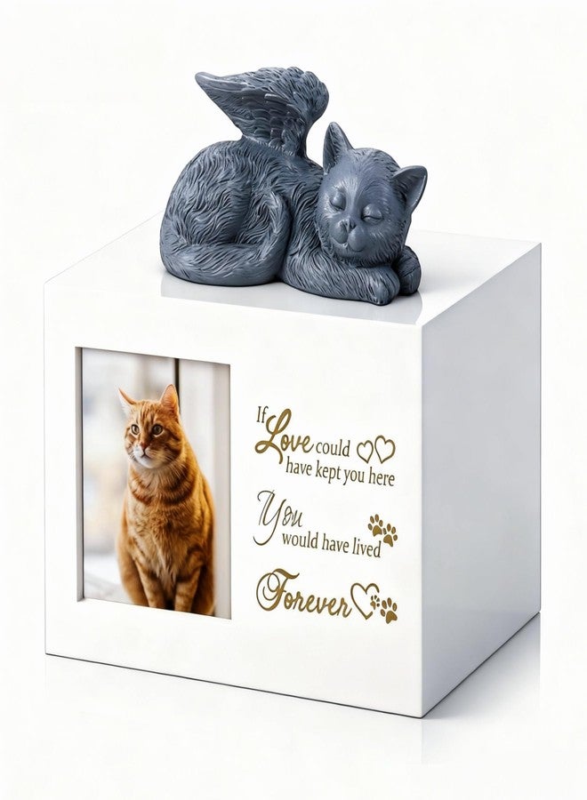 Dmnnlp Cat Memorial Urn for Ashes - Wooden Cat Keepsake Box with Photo Frame, Resin Angel Statue & Velvet Ash Bag, Pet Loss Remembrance Gift (White) - Image 1