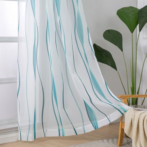 L.Z.E LZE White and Teal Sheer Curtains 84 Inch Long 2 Panels Set for Living Room Voile Sheer Curtains Drapes for Bedroom Dining Room Kids Room Rod Pocket Wave Pattern Window Sheers 55W x 84L - Image 3