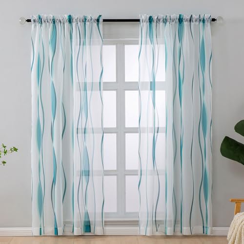 L.Z.E LZE White and Teal Sheer Curtains 84 Inch Long 2 Panels Set for Living Room Voile Sheer Curtains Drapes for Bedroom Dining Room Kids Room Rod Pocket Wave Pattern Window Sheers 55W x 84L - Image 1