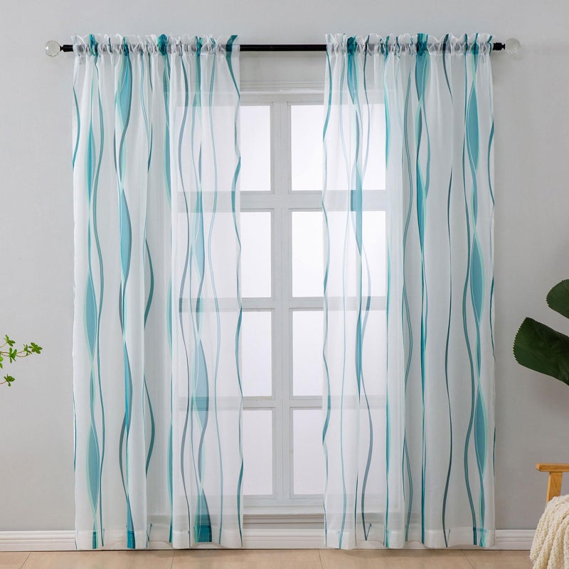 L.Z.E LZE White and Teal Sheer Curtains 84 Inch Long 2 Panels Set for Living Room Voile Sheer Curtains Drapes for Bedroom Dining Room Kids Room Rod Pocket Wave Pattern Window Sheers 55W x 84L - Image 2
