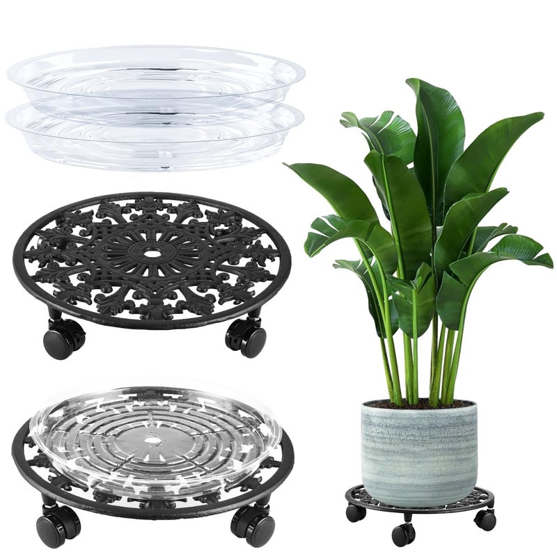 Planterhoma 2 Pack Plant Caddy with Wheels, PlanterHoma 14 Inch Metal Plant Stand with Wheels Heavy Duty Wrought Iron Planter Dolly Rolling Stand Plant Roller with Casters for Indoor and Outdoor with 2 Pack Saucers - Image 1