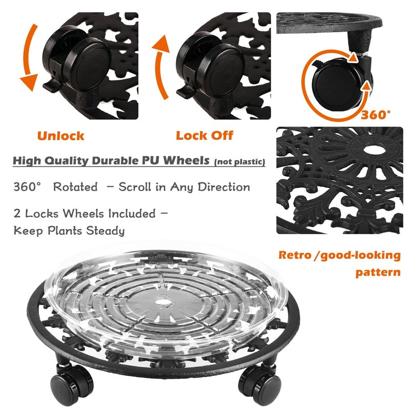 Planterhoma 2 Pack Plant Caddy with Wheels, PlanterHoma 14 Inch Metal Plant Stand with Wheels Heavy Duty Wrought Iron Planter Dolly Rolling Stand Plant Roller with Casters for Indoor and Outdoor with 2 Pack Saucers - Image 2