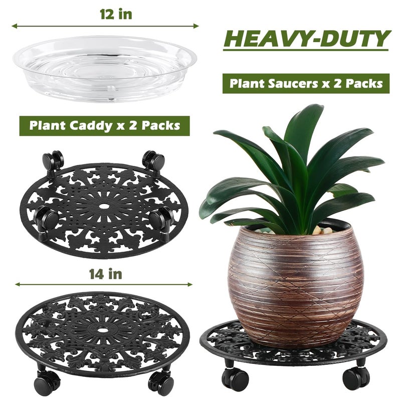 Planterhoma 2 Pack Plant Caddy with Wheels, PlanterHoma 14 Inch Metal Plant Stand with Wheels Heavy Duty Wrought Iron Planter Dolly Rolling Stand Plant Roller with Casters for Indoor and Outdoor with 2 Pack Saucers - Image 4
