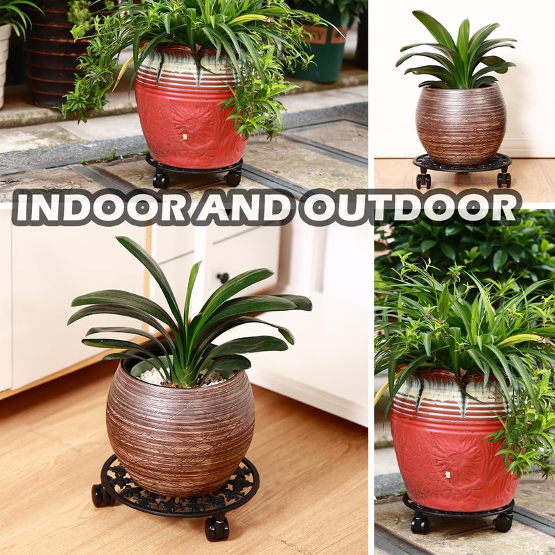 Planterhoma 2 Pack Plant Caddy with Wheels, PlanterHoma 14 Inch Metal Plant Stand with Wheels Heavy Duty Wrought Iron Planter Dolly Rolling Stand Plant Roller with Casters for Indoor and Outdoor with 2 Pack Saucers - Image 5