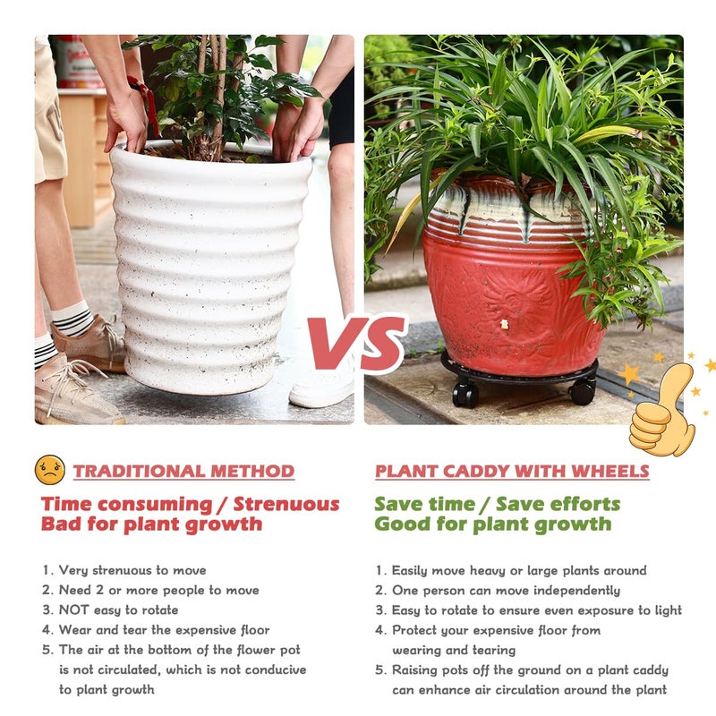 Planterhoma 2 Pack Plant Caddy with Wheels, PlanterHoma 14 Inch Metal Plant Stand with Wheels Heavy Duty Wrought Iron Planter Dolly Rolling Stand Plant Roller with Casters for Indoor and Outdoor with 2 Pack Saucers - Image 3