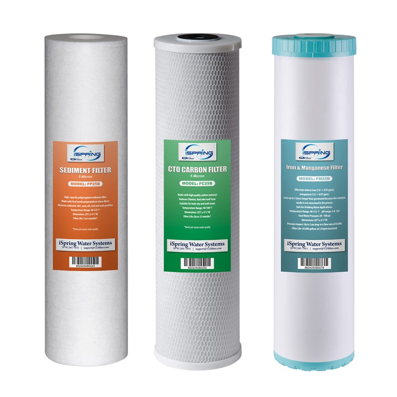 iSpring F3WGB32BM 4.5â€ x 20â€ 3-Stage Whole House Water Filter Set Replacement Pack with Sediment, CTO Carbon Block, and Iron & Manganese Reducing Cartridges Fits WGB32BM, White (Pack of 1) - Image 1