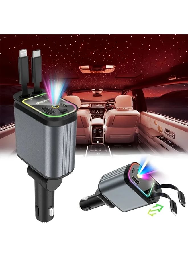 Grey 4 In 1 Retractable Car Phone Charger 66W Fast Charging LED Projector Dual USB Ports - Image 3