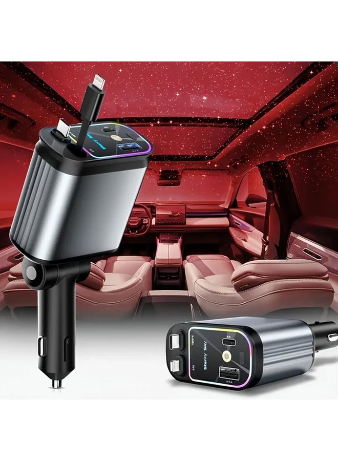 Grey 4 In 1 Retractable Car Phone Charger 66W Fast Charging LED Projector Dual USB Ports - Image 4