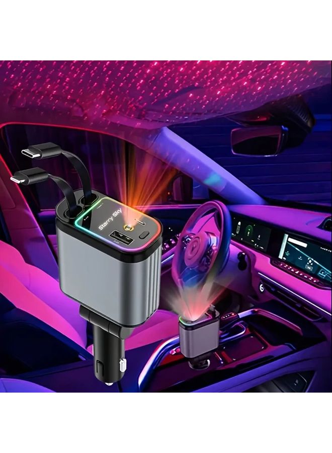 Grey 4 In 1 Retractable Car Phone Charger 66W Fast Charging LED Projector Dual USB Ports - Image 5