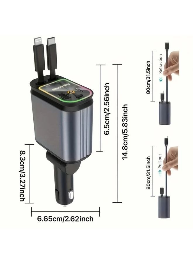 Grey 4 In 1 Retractable Car Phone Charger 66W Fast Charging LED Projector Dual USB Ports - Image 2