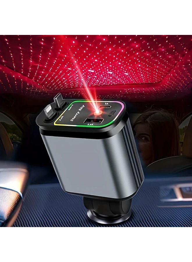 Grey 4 In 1 Retractable Car Phone Charger 66W Fast Charging LED Projector Dual USB Ports - Image 1