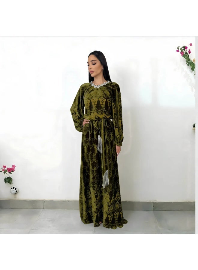 QABEELA RAM26 ALIYA OLIVE DEVORE DRESS - Image 1