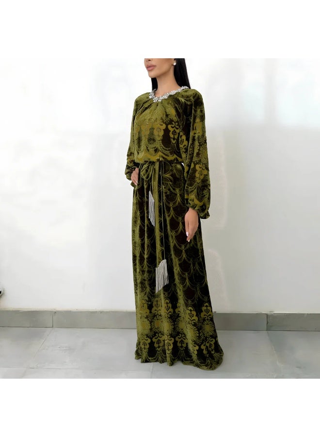 QABEELA RAM26 ALIYA OLIVE DEVORE DRESS - Image 3
