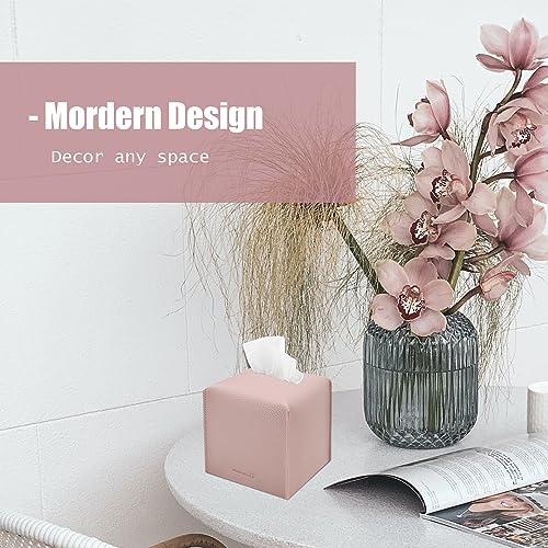 PENGLONG Tissue Box Cover 5X5X5'' PU Leather Tissue Holder Square Tissue Cube Box Organizer for Bathroom Vanity Countertop, Car, Night Stands, Office, Home, Kitchen (1Pack, Pretty Pink) - Image 2