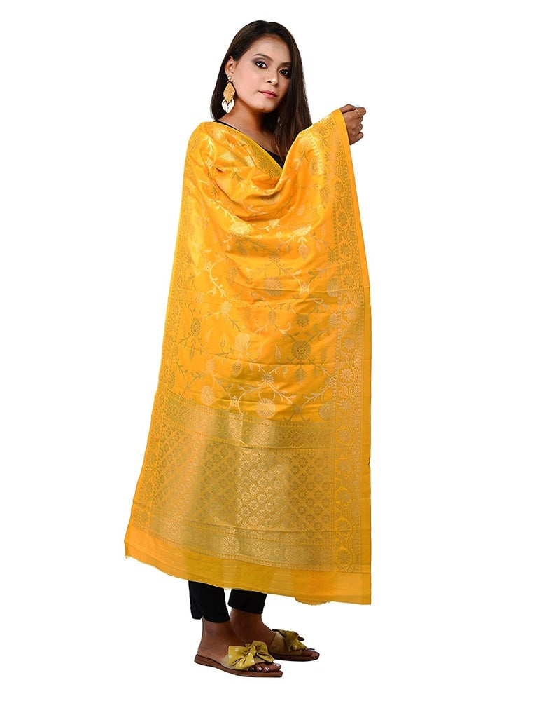 GRANTH ENTERPRISE Women's Dupatta For Indian wear Jacquard Banarasi Art Silk Printed Zari & Resham Work Woven Only Dupatta/Chunni For Women Gorgeous Printed Designer Chunni (FREE SIZE, YELLOW) - Image 3