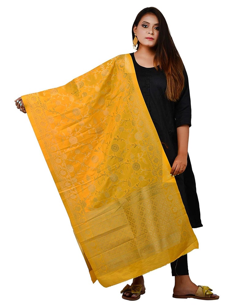GRANTH ENTERPRISE Women's Dupatta For Indian wear Jacquard Banarasi Art Silk Printed Zari & Resham Work Woven Only Dupatta/Chunni For Women Gorgeous Printed Designer Chunni (FREE SIZE, YELLOW) - Image 4