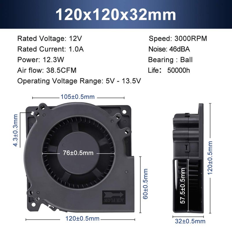 Wathai 120mm x 32mm Brushless Cooling Blower Fan 12V DC Dual Ball Centrifugal Fan High Airflow - Image 2