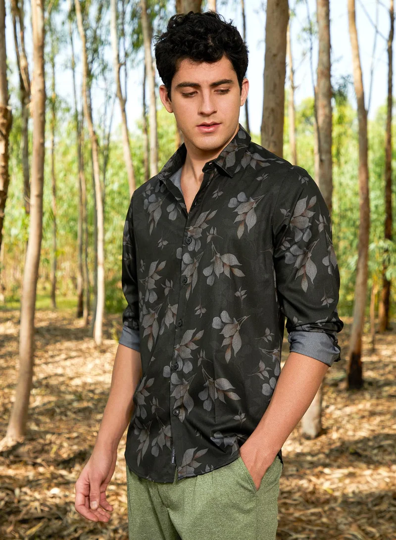 Campus Sutra Men's Charcoal Grey Stamped-Foliage Shirt