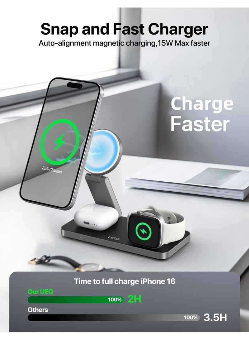XICEN Foldable 3 in 1 Wireless Charging Station, Magnetic Wireless Charger Station for iPhone  16 15 14 13 12 Series, Airpods Pro, Apple Watch Ultra  - Image 2