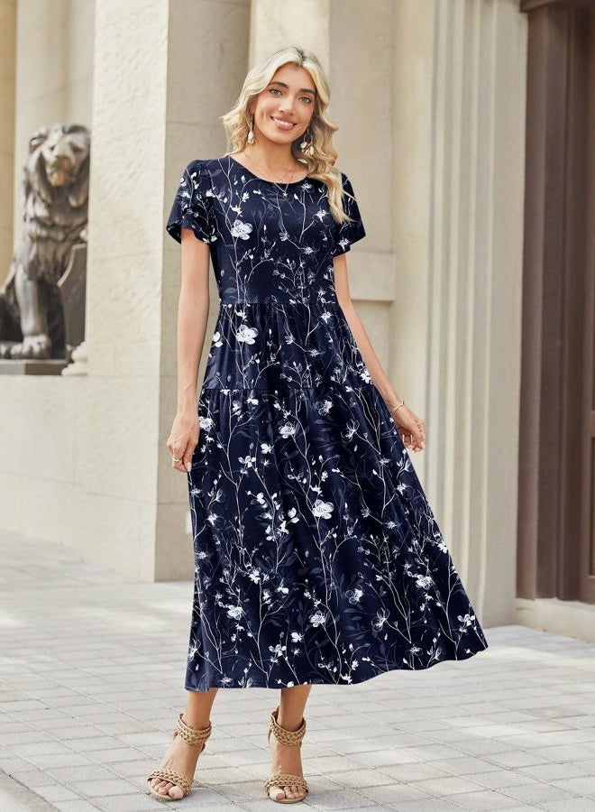 zeagoo Womens Summer Casual Dress Bohemian Floral Short Sleeve A Line Long Maxi Beach Vacation Travel Dresses 2026, Sf180, M - Image 2