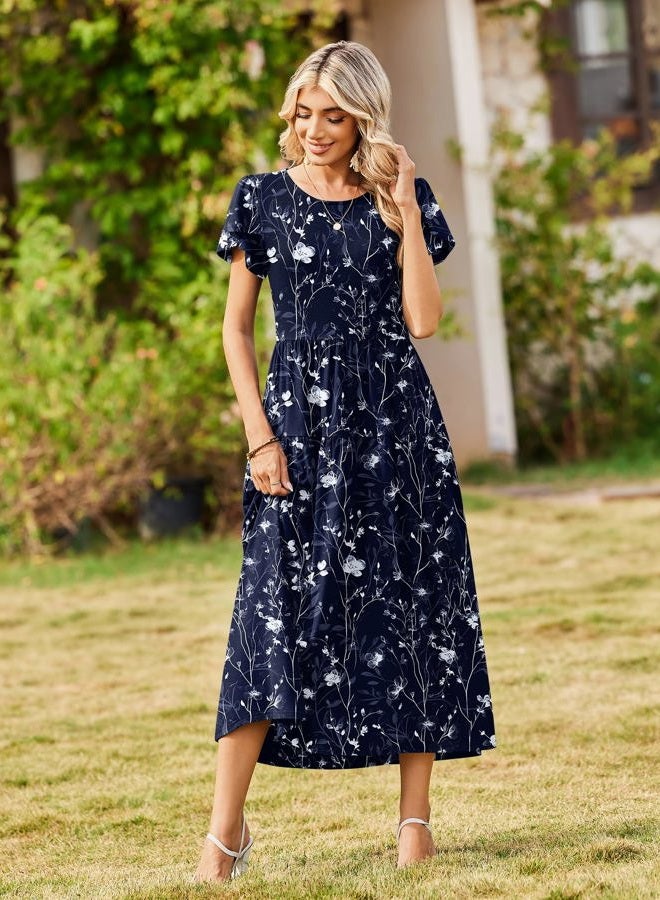 zeagoo Womens Summer Casual Dress Bohemian Floral Short Sleeve A Line Long Maxi Beach Vacation Travel Dresses 2026, Sf180, M - Image 3