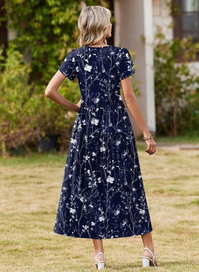 zeagoo Womens Summer Casual Dress Bohemian Floral Short Sleeve A Line Long Maxi Beach Vacation Travel Dresses 2026, Sf180, M - Image 4
