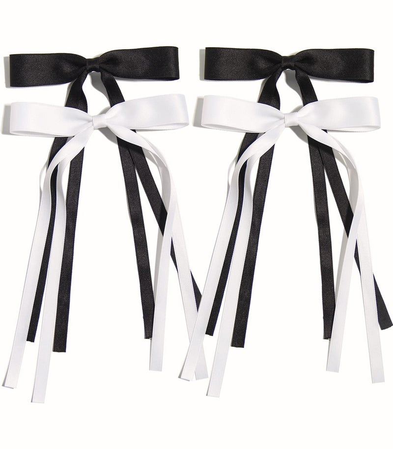 LFOUVRE 4pcs Hair Clips for Women Tassel Ribbon Bowknot with Long Tail Clip Girl Solid Accessories Barrettes Claw Bow Black White Pack of 14 Count