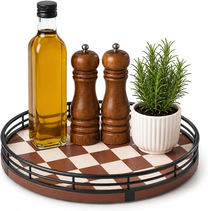 AMH Brown Checkered Lazy Susan Organizer, 9 Inch Rotating Spice Rack with Black Metal Rail, Wood Turntable Tray for Kitchen Countertop, Cabinet, Condiments, Oil Bottles and Coffee Bar - Image 1