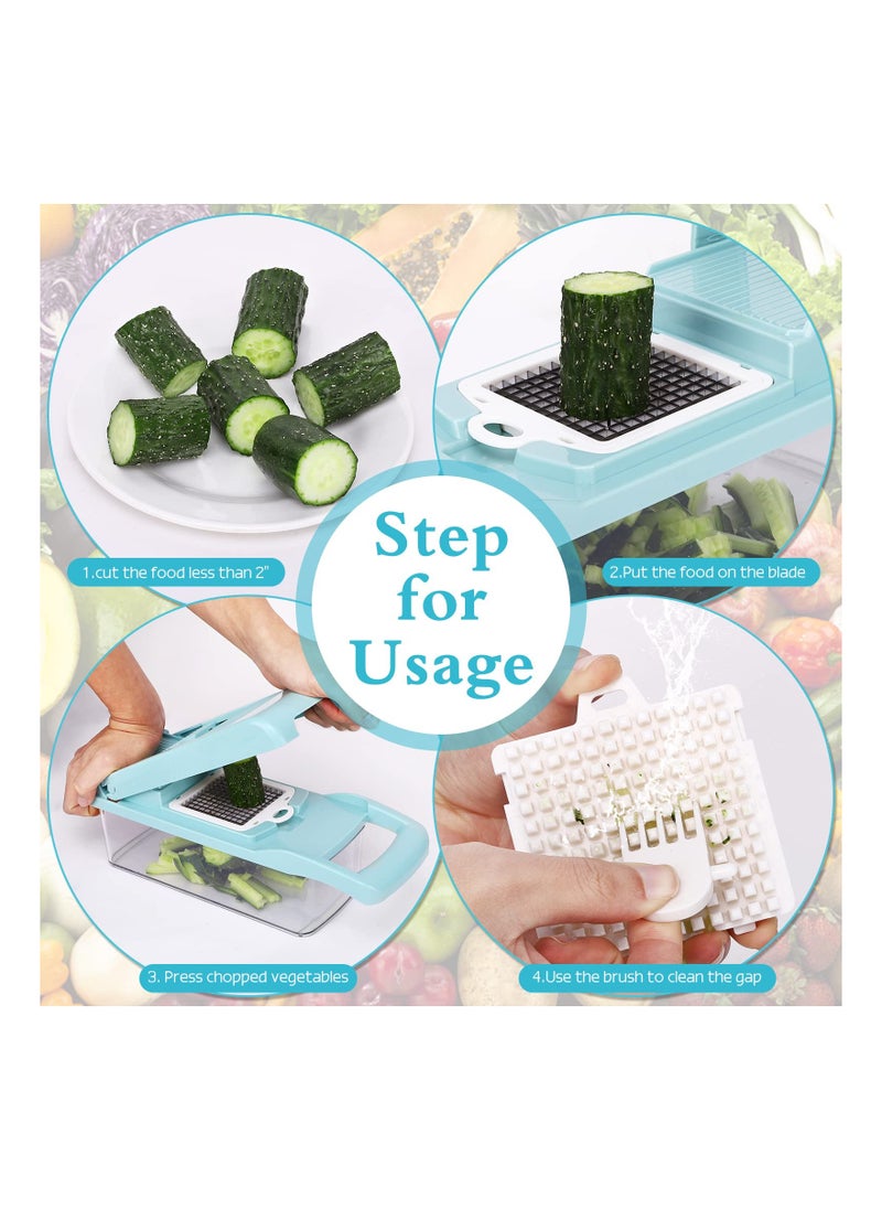 14-in-1 Vegetable Chopper and Mandoline Slicer - Multifunctional Manual Grater and Cutter for Onions, Garlic, Carrots, Potatoes, Fruits, and Salads - Ideal Kitchen Tool in Blue.