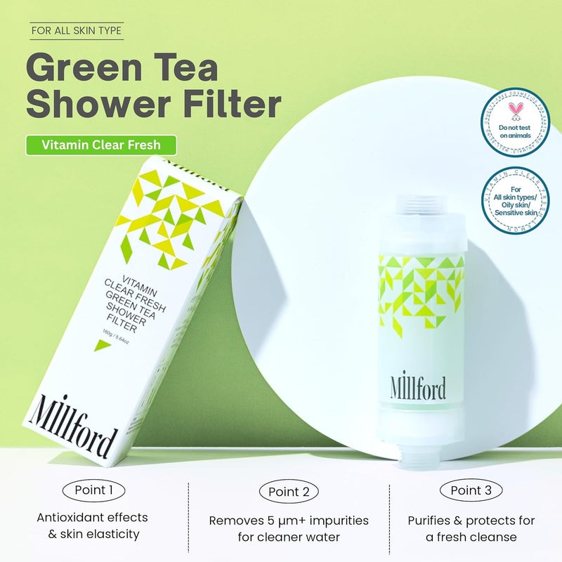 Millford Vitamin C Shower Filter - Korean Purifier for Hard Water, Removes 99% Chlorine & Impurities, Natural Shower Infuser Detox, Deep Cleansing for Skin & Hair Hydration Boost (Green Tea Scent) - Image 4