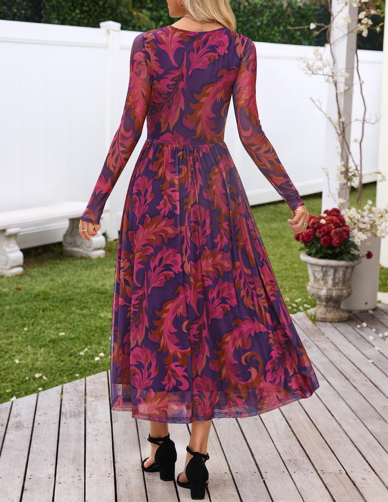 MEROKEETY Women's Long Sleeve Spring Wedding Guest Dress 2026 Crewneck Floral Flowy Mesh Cocktail Maxi Dresses, Plum, XX-Large - Image 3