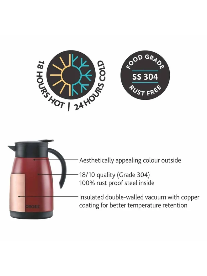 BOROSIL Vacuum Stainless Steel Teapot Red - 1.5Ltr