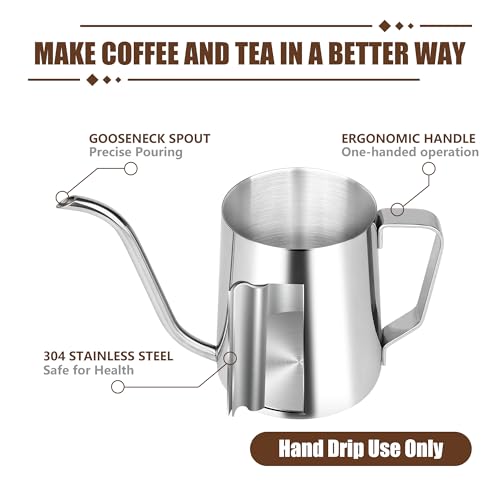 Apusu Stainless Steel Gooseneck Spout Kettle for Hand Drip Coffee One Serving Pour Over Kettle for Filter Coffee Long and Narrow Drip Cup for Outdoor Camping (Silver / 350ML / 1Pack) - Image 3