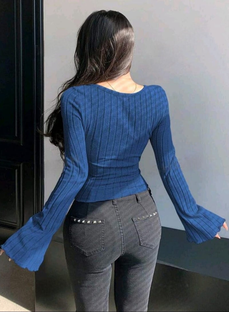 DAZY Spring Slim Fit Flared Sleeve T-Shirt With Textured Stripes - Image 4