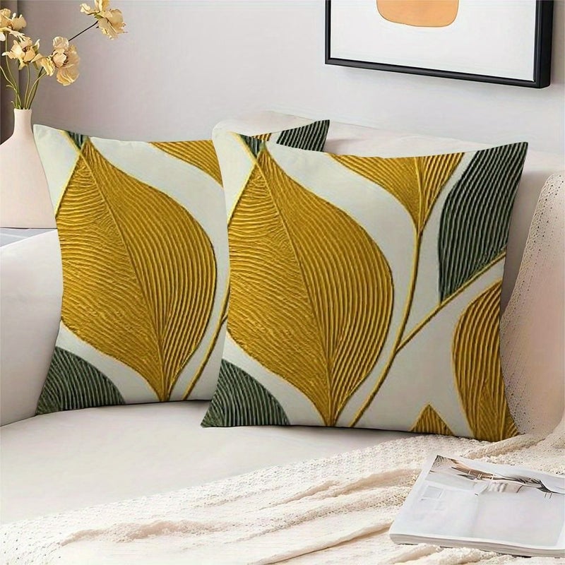 1 Set 2 Pcs 17.72 Inch Boho Chic Abstract Leaf Pillow Cover Mustard Yellow Green Beige White Modern Tropical Decorative Cushion Cover Zipper Opening Machine Washable For Living Room Bedroom Terrace Sofa - Image 2