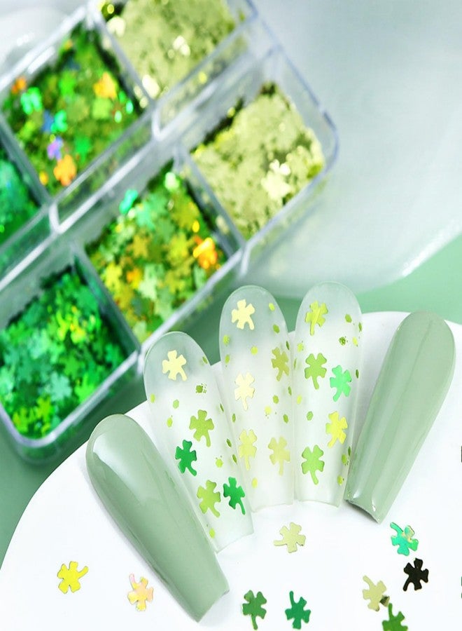 UCCASA St. Patrick's Day Nail Art Glitters 3D Green Shamrock Nail Art Stickers Holographic Nail Sequins Sparkle Confetti Flakes Clover Nail Design for Women DIY St Patricks Day Nail Decorations 6 Grids - Image 3