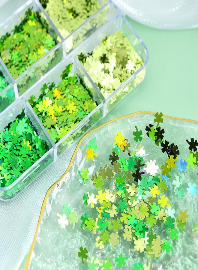 UCCASA St. Patrick's Day Nail Art Glitters 3D Green Shamrock Nail Art Stickers Holographic Nail Sequins Sparkle Confetti Flakes Clover Nail Design for Women DIY St Patricks Day Nail Decorations 6 Grids - Image 2