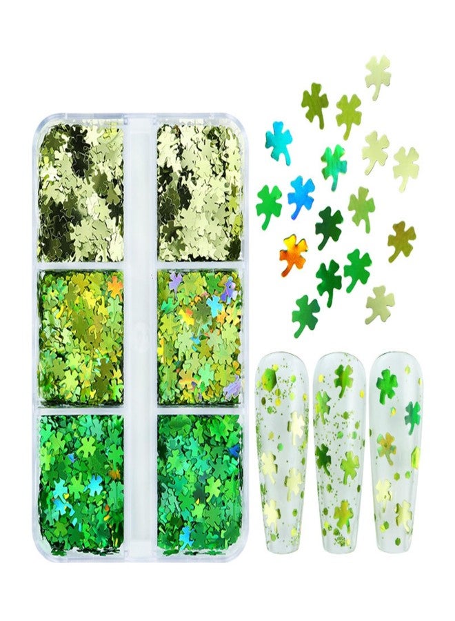 UCCASA St. Patrick's Day Nail Art Glitters 3D Green Shamrock Nail Art Stickers Holographic Nail Sequins Sparkle Confetti Flakes Clover Nail Design for Women DIY St Patricks Day Nail Decorations 6 Grids - Image 1