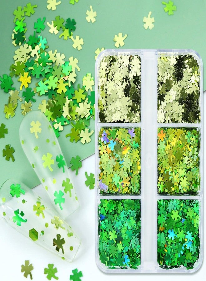 UCCASA St. Patrick's Day Nail Art Glitters 3D Green Shamrock Nail Art Stickers Holographic Nail Sequins Sparkle Confetti Flakes Clover Nail Design for Women DIY St Patricks Day Nail Decorations 6 Grids - Image 5
