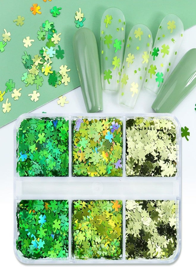 UCCASA St. Patrick's Day Nail Art Glitters 3D Green Shamrock Nail Art Stickers Holographic Nail Sequins Sparkle Confetti Flakes Clover Nail Design for Women DIY St Patricks Day Nail Decorations 6 Grids - Image 4