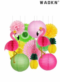 WAOKN 13 PCS Hawaiian Style Pink Flamingo Paper Lamp Set Flowers Flamingo Paper Cuttings Fet Handmade Flamingo Wallpaper Painting for Wedding,Birthday,Baby's First Birthday Party Decoration  - Image 1