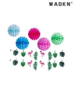 WAOKN 13 PCS Hawaiian Style Pink Flamingo Paper Lamp Set Flowers Flamingo Paper Cuttings Fet Handmade Flamingo Wallpaper Painting for Wedding,Birthday,Baby's First Birthday Party Decoration  - Image 4